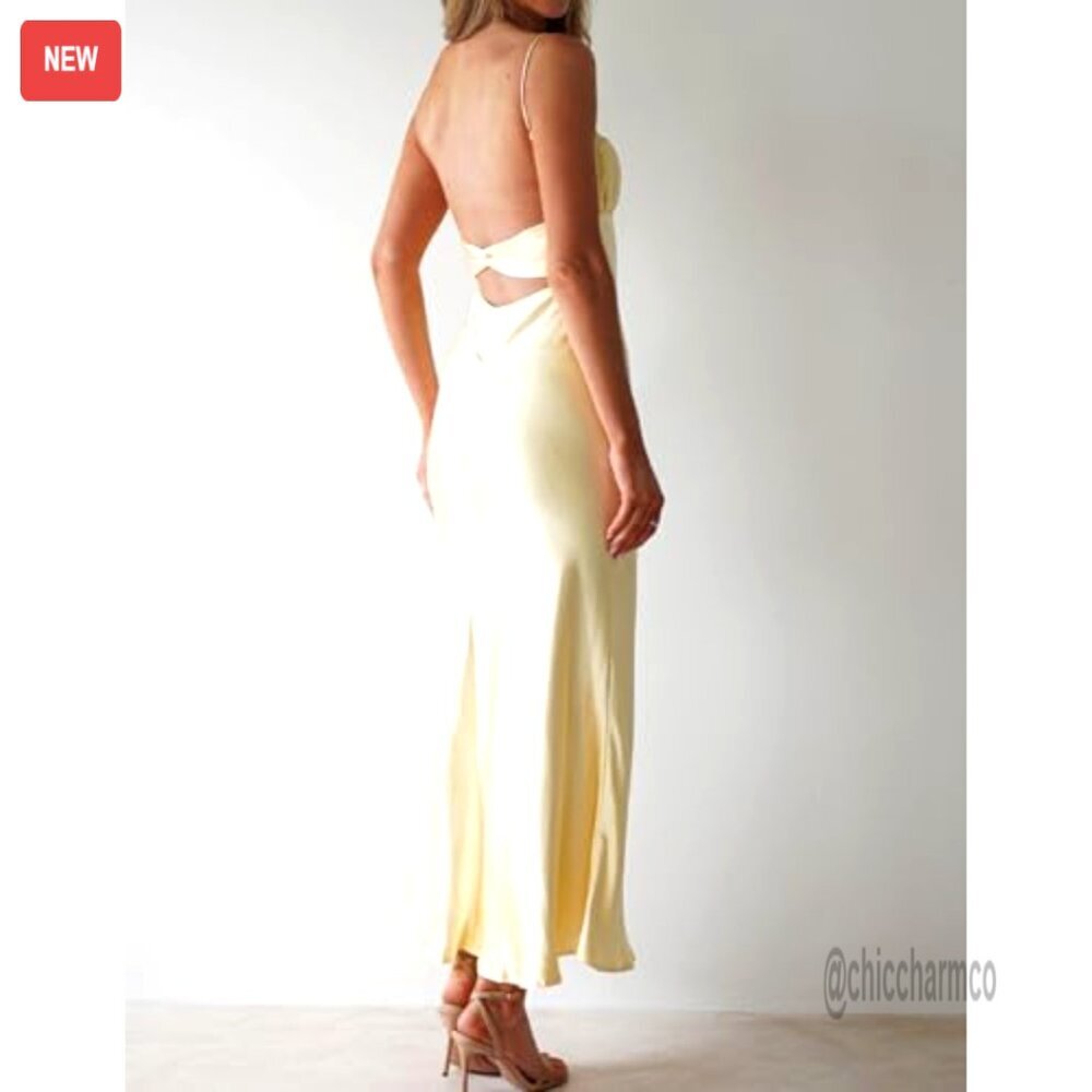 Satin Backless Ruched Twist Midi Dress Spaghetti Strap Formal Cocktail - Picture 3 of 5